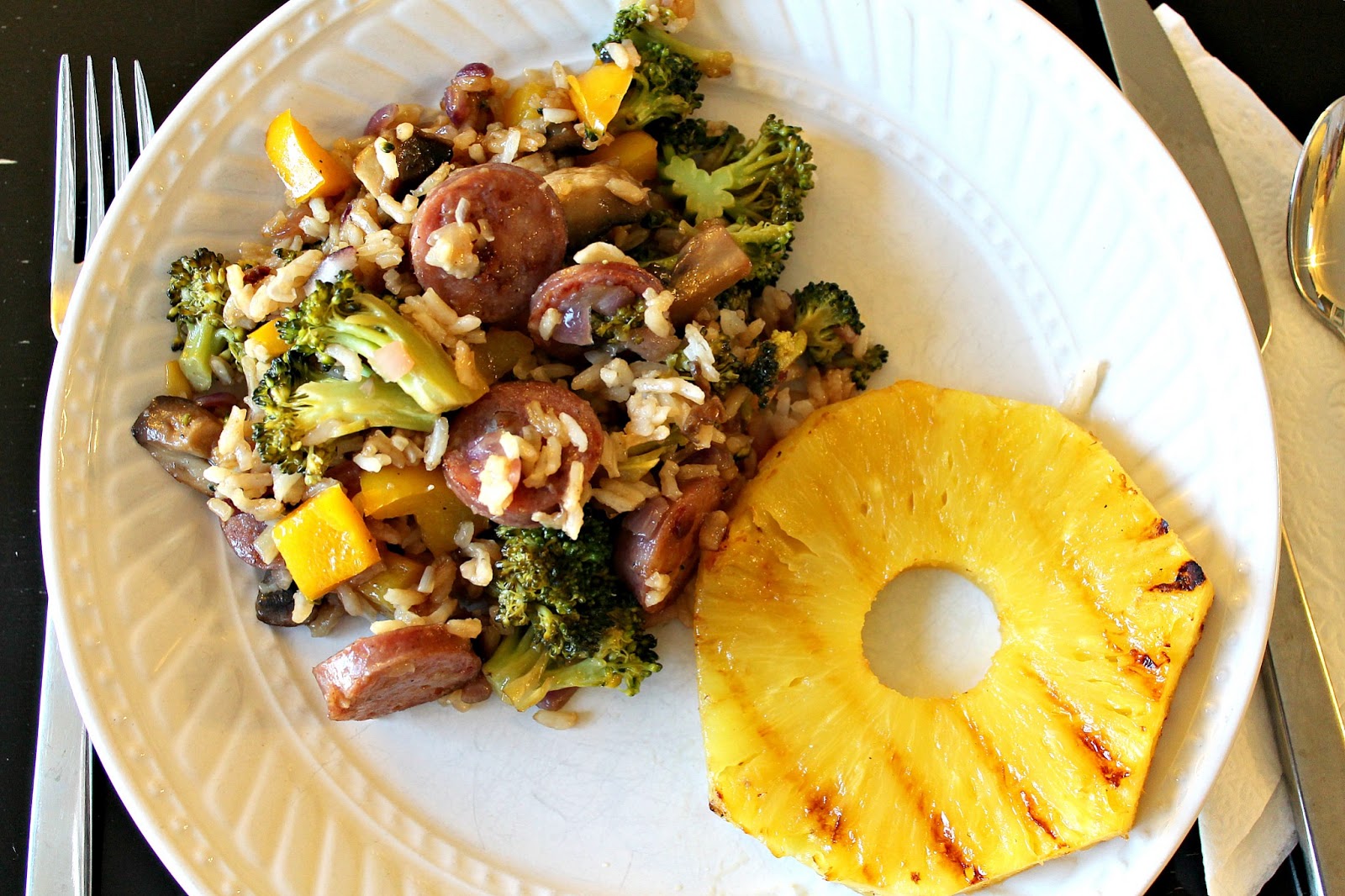 Freshly Completed Aidell's Sausage Fresh Stir fry w/ freshly grilled Pineapple.