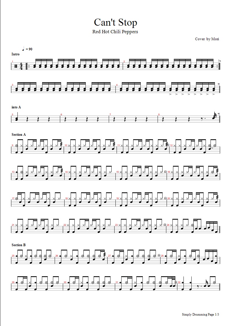 鼓手森 Simply Drumming Red Hot Chili Peppers Can't Stop drum sheet