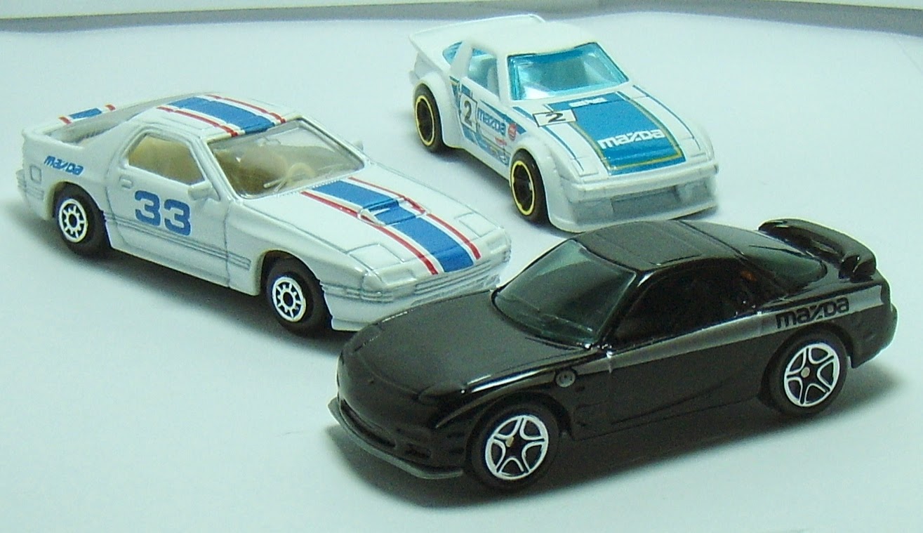 Hot Wheels 1979, Maisto 1986, and Matchbox 1993 Mazda RX7