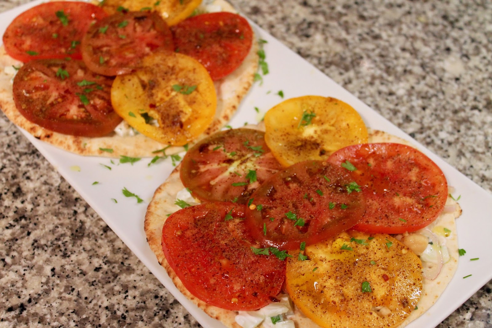 Cook In / Dine Out Flatbread with Tomatoes, Chickpeas and Yogurt Sauce