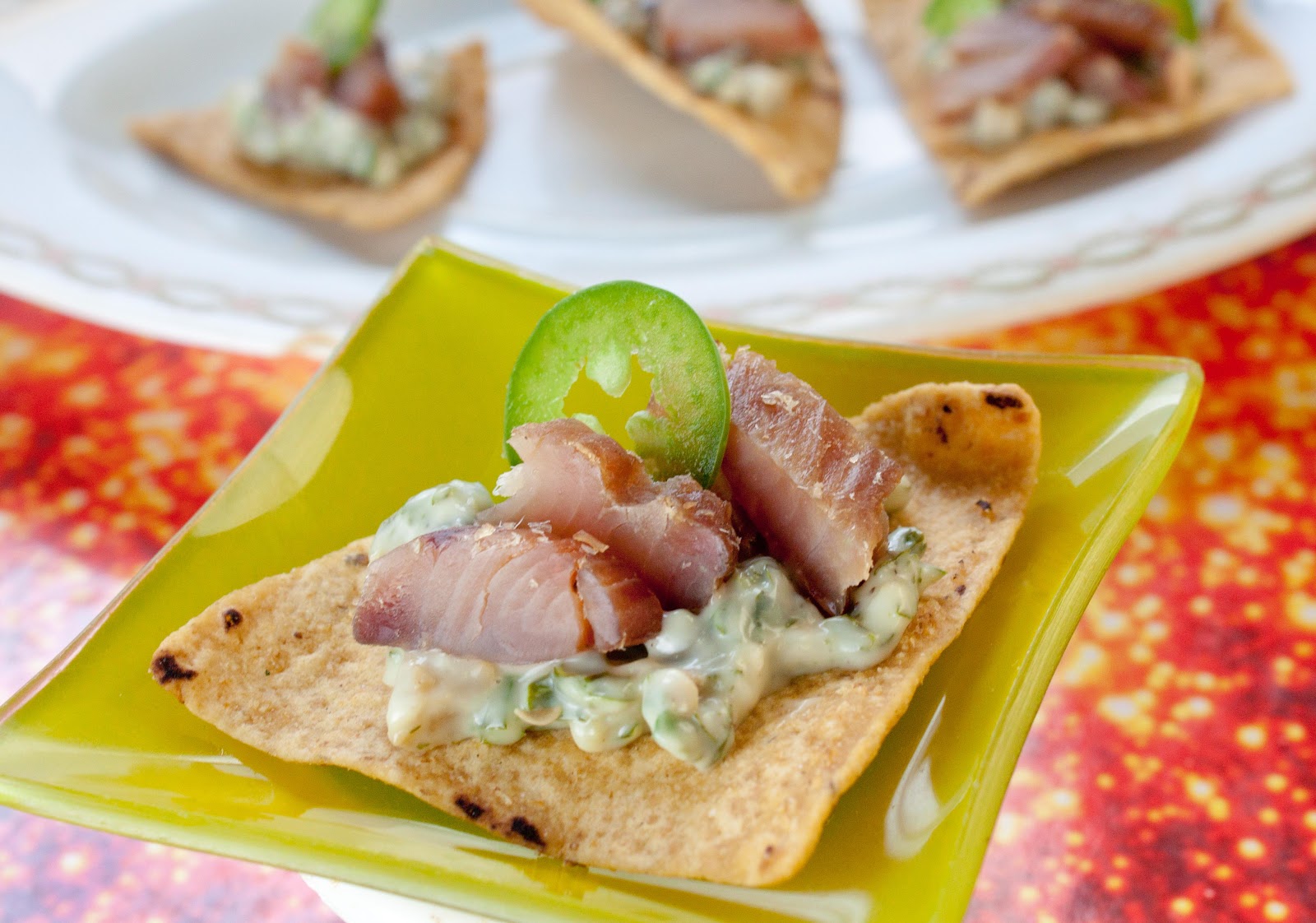 Fat and Happy Blog Mahi Mahi Appetizers Smoked fish on tortilla chip