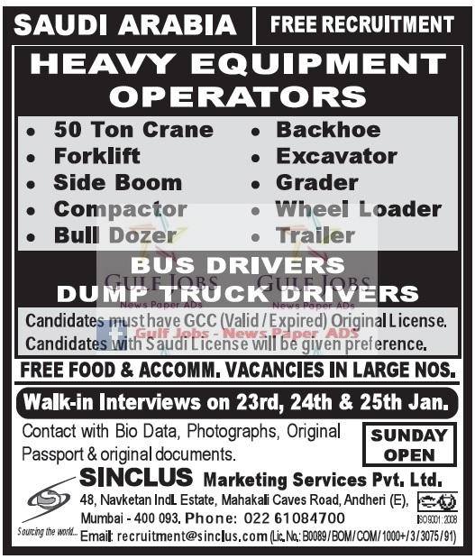 Saudi Arabia heavy equipment free food & free recruitment