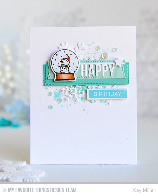 Winter Birthday Card by Kay Miller featuring the Birdie Brown Merry Christmoose stamp set and Die-namics, Label Maker Sentiments stamp set, and the Arrow Greetings and Let It Snowflake Die-namics #mftstamps