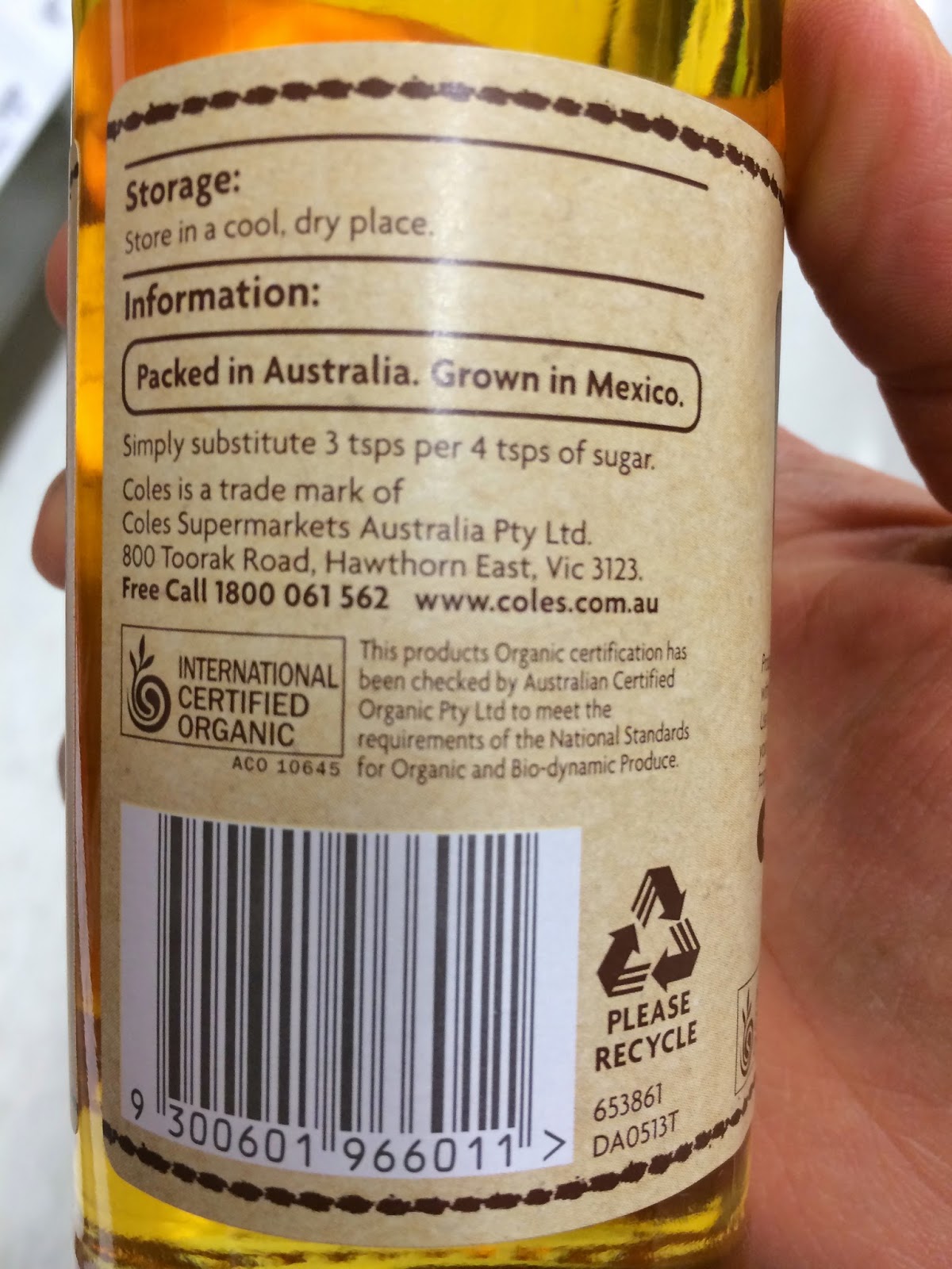 GlutenFree Vegan Food Labels Coles Organic Light Agave Nectar 250mL