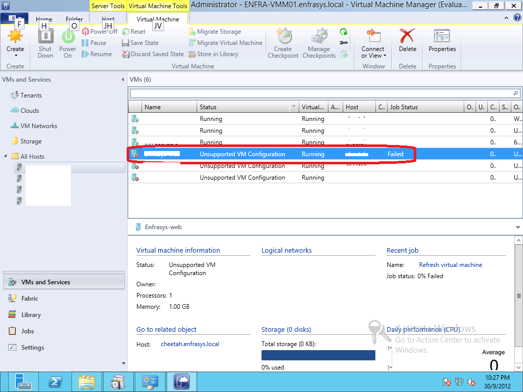 VENFRA Unsupported VM Configuration in SCVMM for SMB File Share VHDX