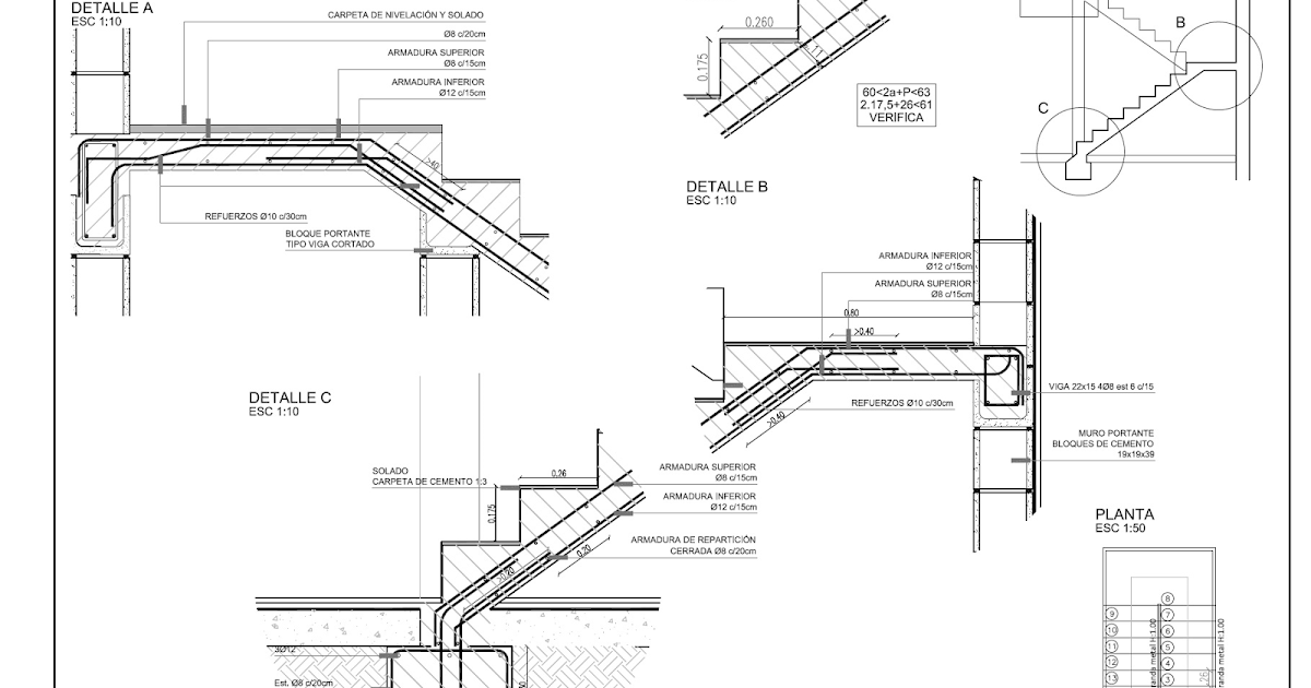 Detalles constructivos CAD: Escalera de Hormigón armado de dos tramos