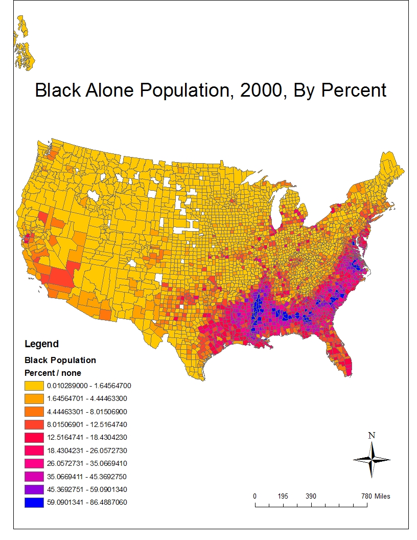 as can be seen in the map the highest percentages of black alone individuals are concentrated in the southeastern united states as can be seen in the map the highest percentages of black alone individuals are concentrated in the southeastern united states