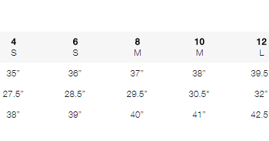 Tadashi Size Chart