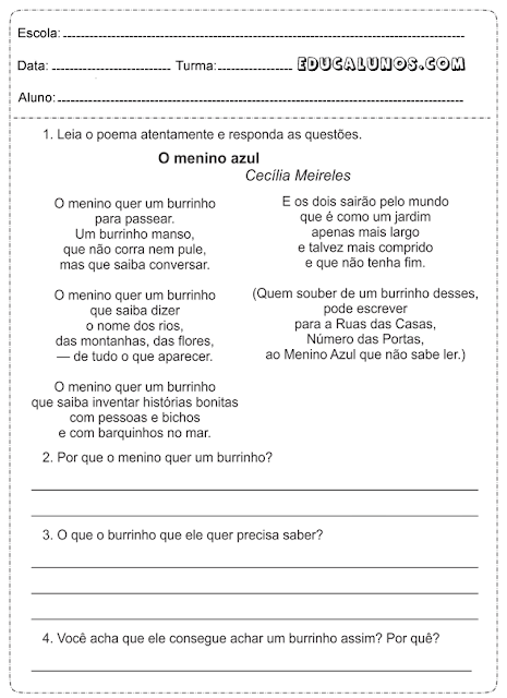 Leia o poema atentamente e responda as questões