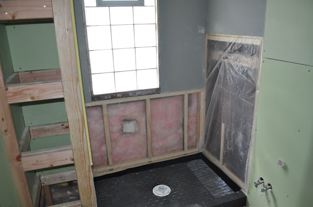 diy, bathroom reno, mortar shower pan, drywall