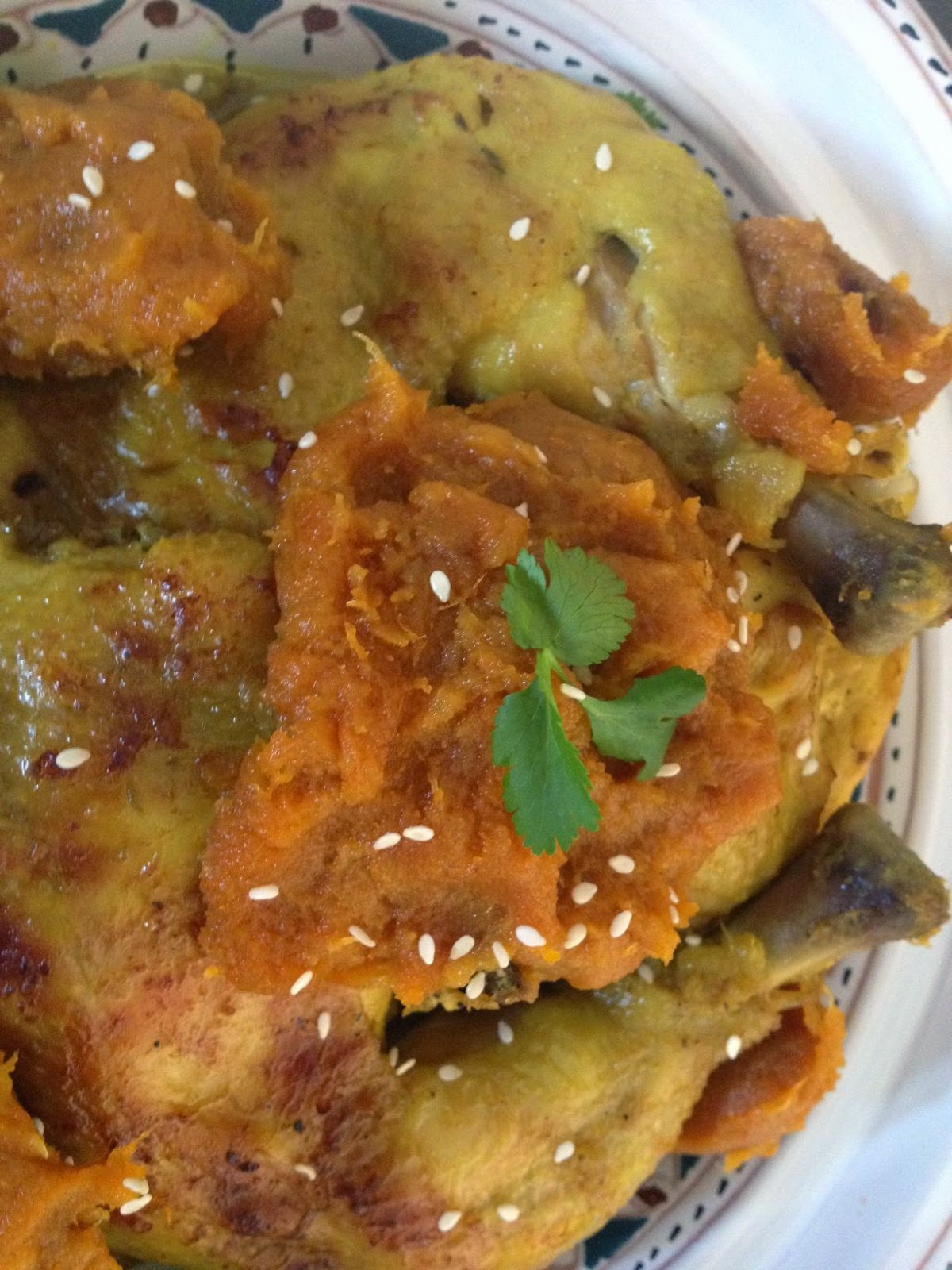 Moroccan Chicken M'qualli or mqalli with its sweet butternut paste M