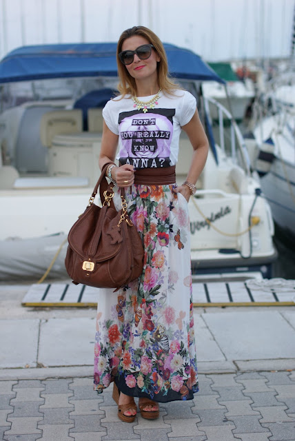 Dress Code t-shirt, Juicy Couture bag, Imperial floral skirt, Fashion and Cookies