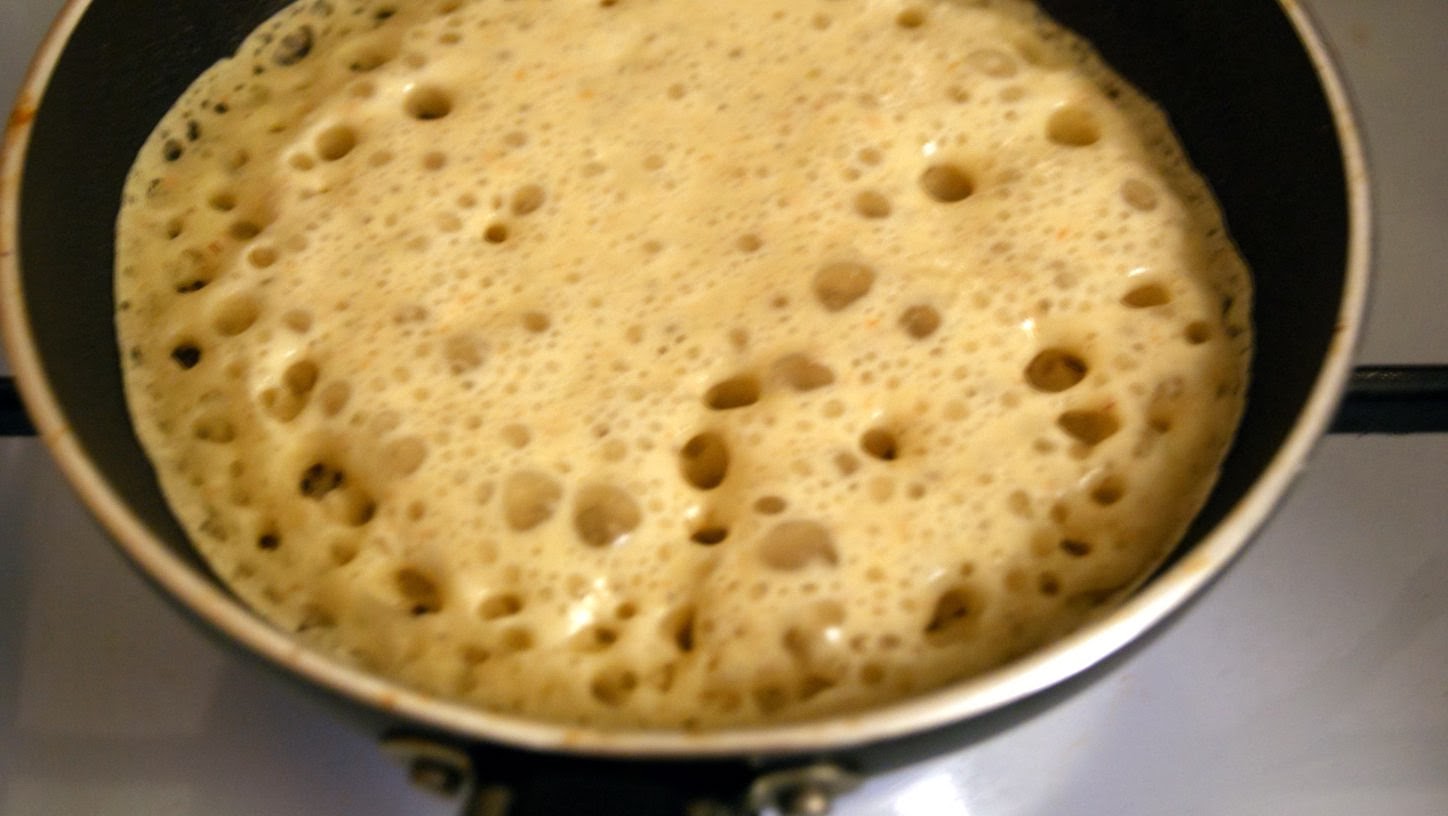 Heat a nonstick pan on medium heat, use the ladle topour enough mixture to cover the pan