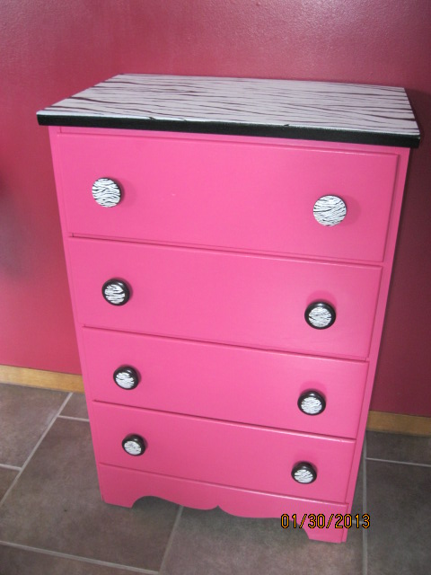 Reneued Vintage Interiors Small 4 Drawer Pink And Zebra Dresser