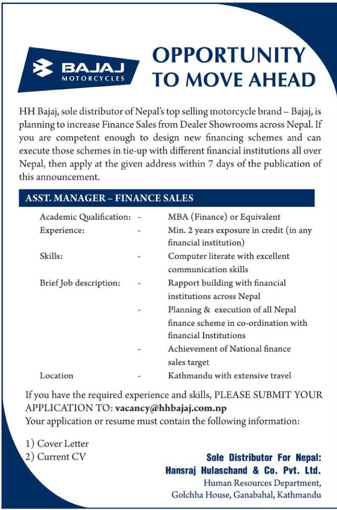 job vacancy at hh bajaj sole distributor of nepals top selling financial sales