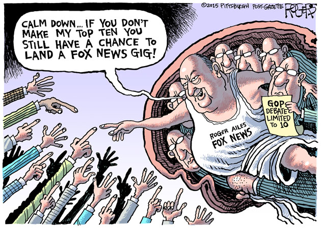 Roger Ailes of Fox News surrounded by henchmen in sky in style of Michelangelo's depiction of the creation holds a 