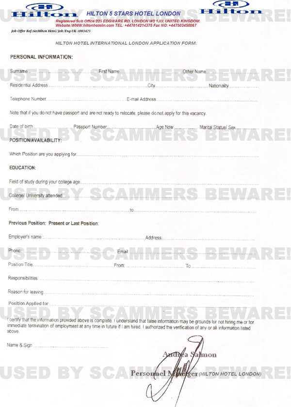 fraud fyi employment scam email from sir mathew w schuyer chief hilton hotel application form