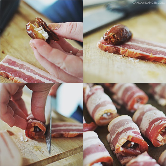 Can Can Dancer Bacon wrapped dates (with goat cheese and almonds)