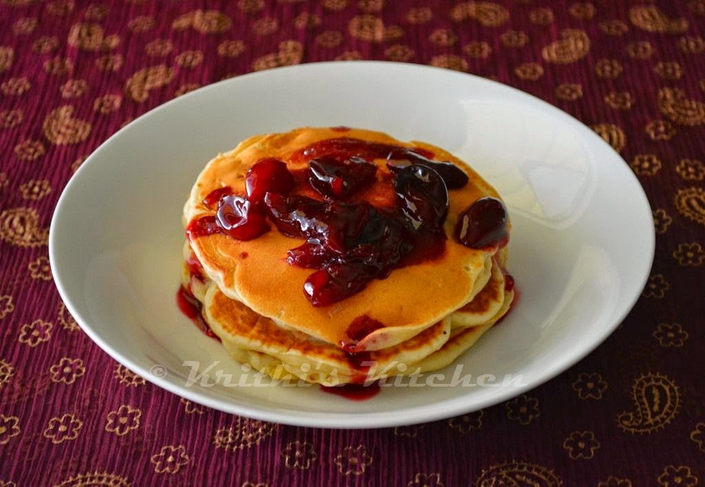 Krithi's Kitchen Peach Buttermilk Pancakes (eggless) with Cherry Compote Breakfast Recipes
