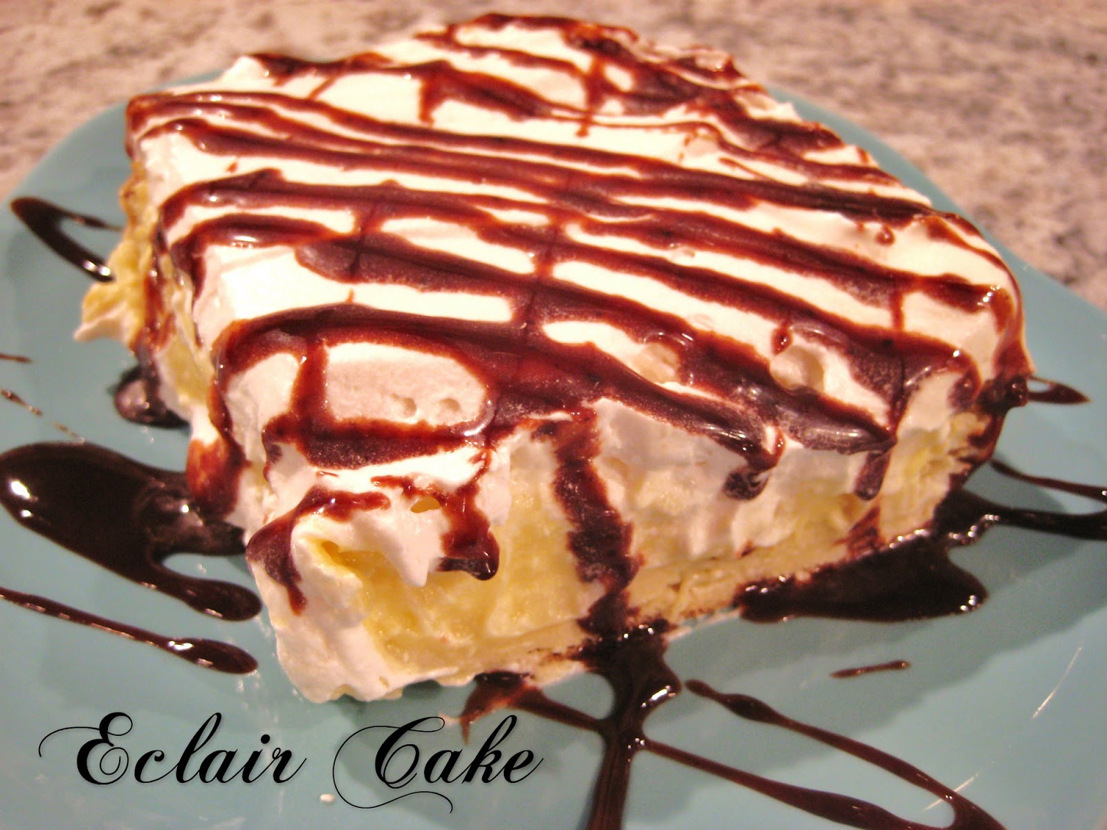 Britt's Apron Chocolate Eclair Cake w/ Homemade Chocolate Sauce Topping