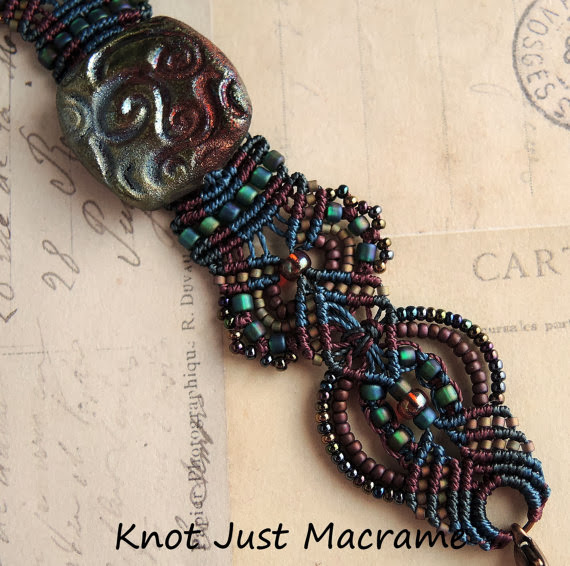 Deep and mysterious raku colors knotted in micro macrame