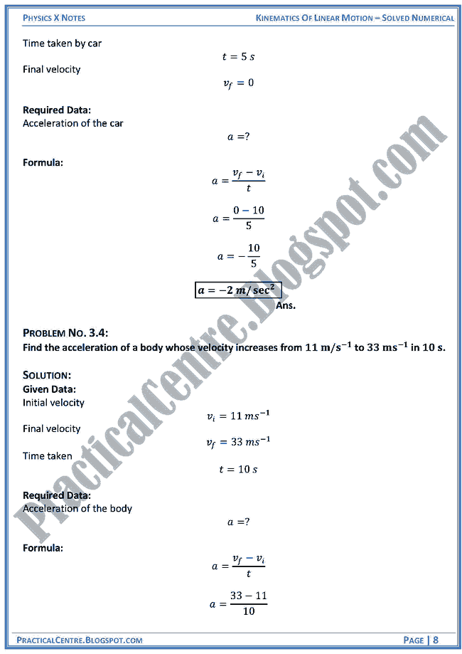 Kinematics Of Linear Motion - Solved Numerical -Examples & Problems - Physics X