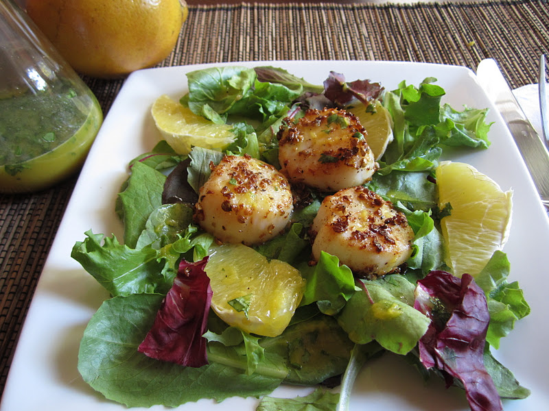 Cheese Please Coriander Scallops with Orange Ginger Dressing
