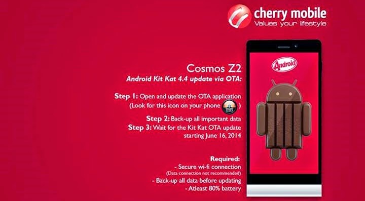 Cherry Mobile Cosmos Z2 to get Android 4.4 KitKat update starting June 16, 2014! Cherry Mobile Cosmos Z2 - Android 4.4 KitKat