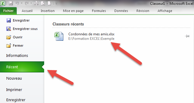 Fichier récent excel