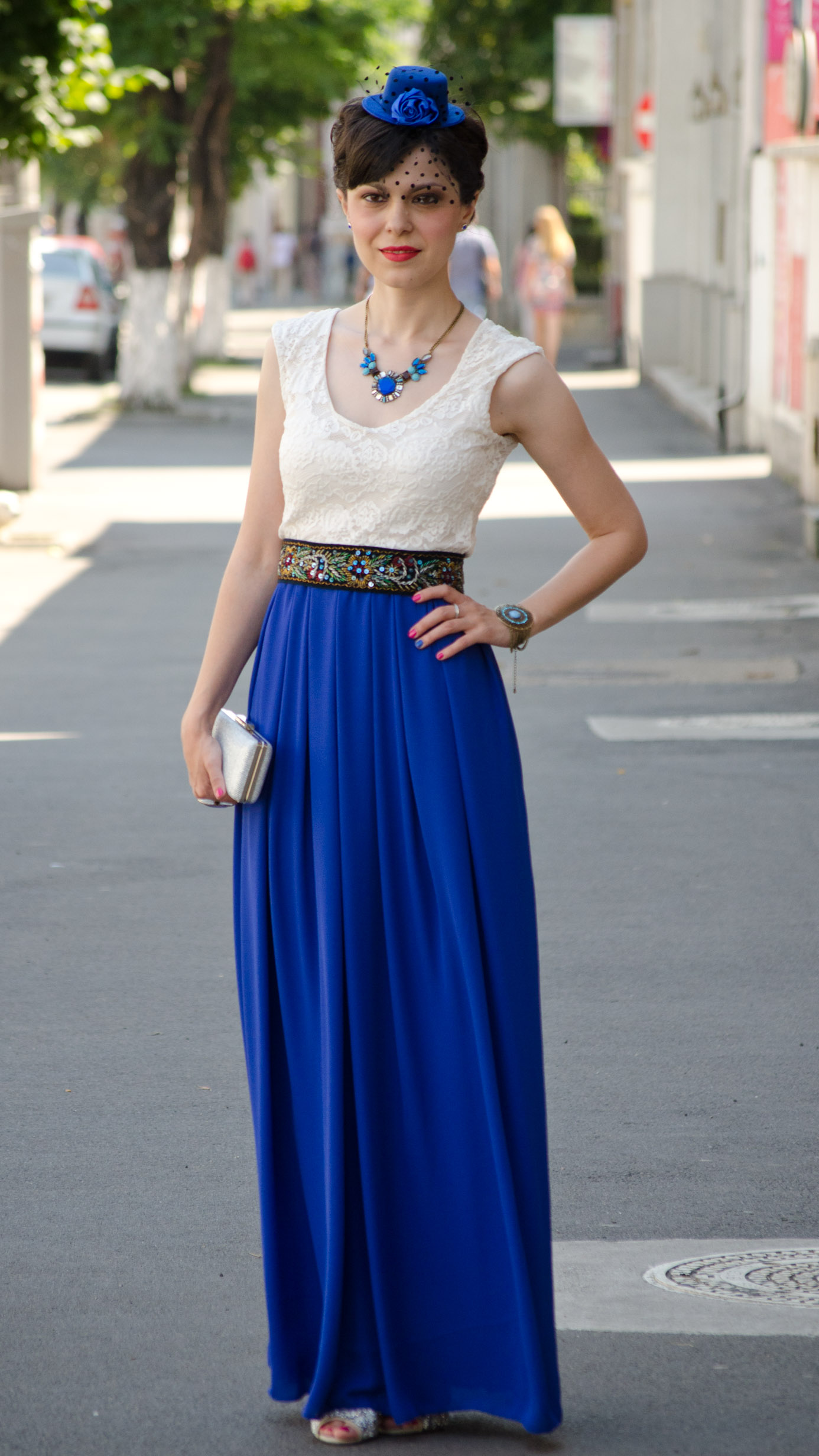 maxi dress cobalt blue white lace statement necklace blue topper hat wedding attire handmade waistband