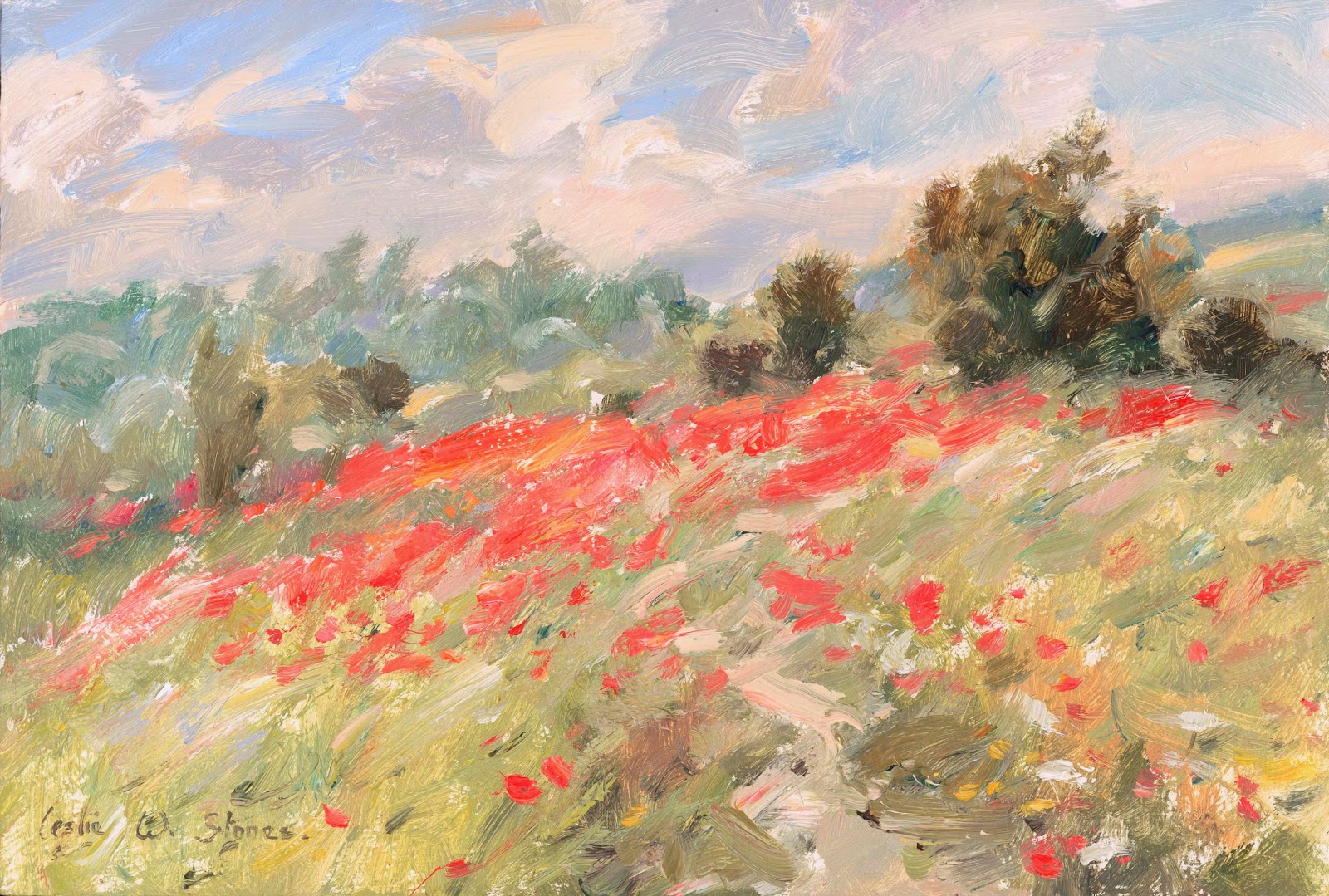 Summer Breeze oil painting of poppies on a hillside.