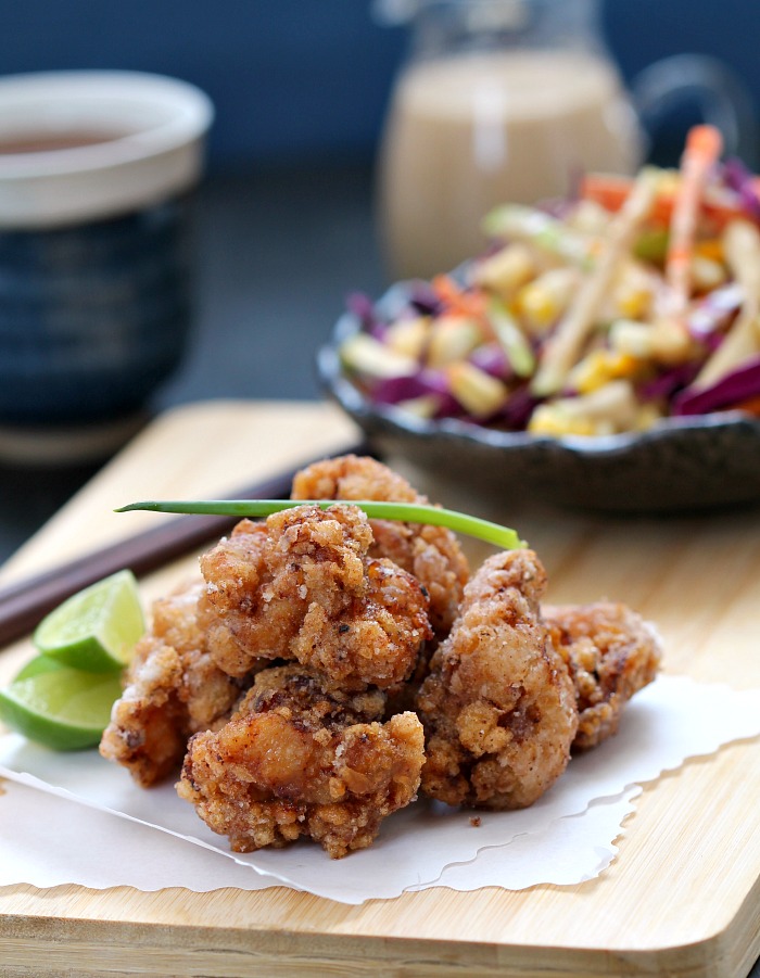 my bare cupboard Spicy chicken karaage and Applecabbage salad with