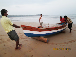 Fishermen using wooden logs to roll the canoe ashore.