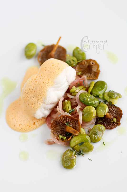 Almond Corner: Loup de mer with chorizo sauce on sauted potatos, fava