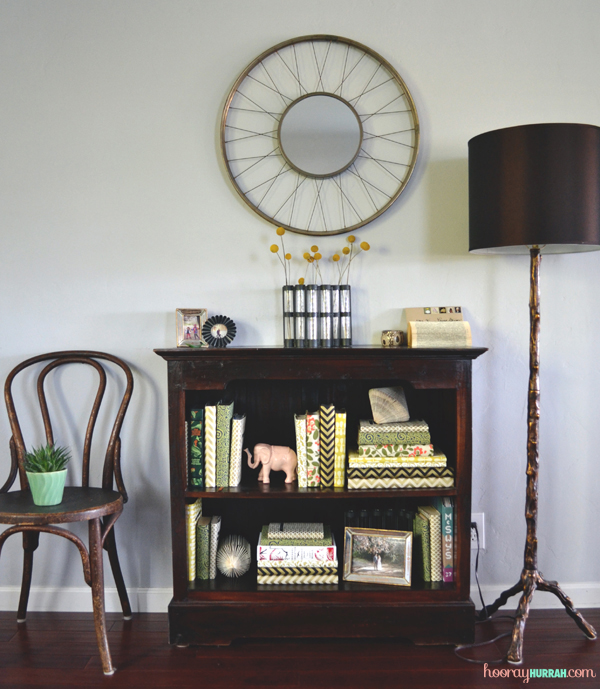 Home Made Modern Restyled Bookcases Using Wrapping Paper and