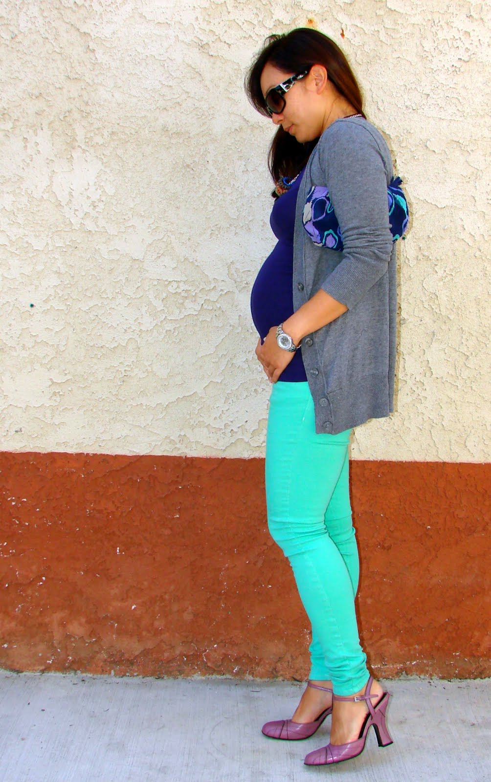 Spinning Threads Aqua Colored Skinny Jeans, Purple Tank and a "Little