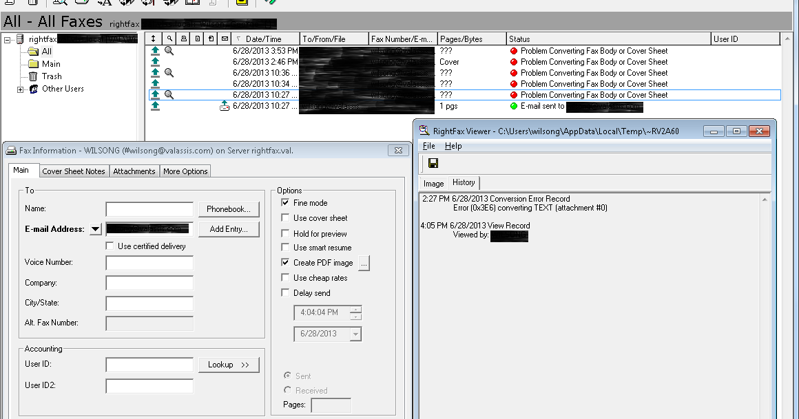 Life 24Seven RightFax "Problem Converting Fax Body or Cover Sheet"