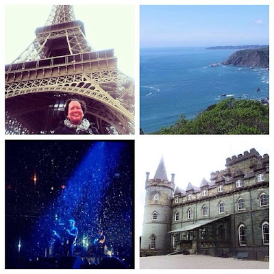 Collage: at Eiffel Tower, Sausalito, Kings of Leon, Scottish Castle