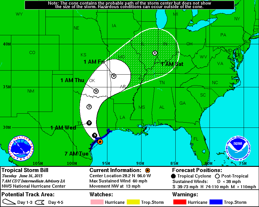 Tropical Storm Bill Heads To Texas, Projected Path