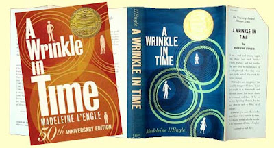 Original and 2012 covers of A Wrinkle in Time, one blue, one orange, both with circles