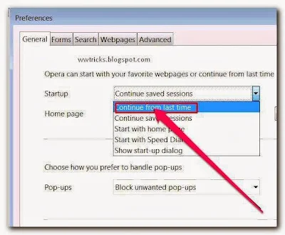 Making opera browser to start with the last browsing session