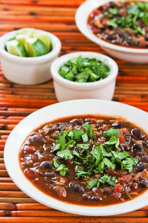 Slow Cooker Vegetarian Black Bean and Rice Soup with Lime and Cilantro