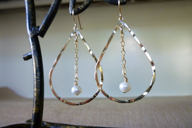 Large textrued teardrop gold hoops with dangling freshwater pearls
