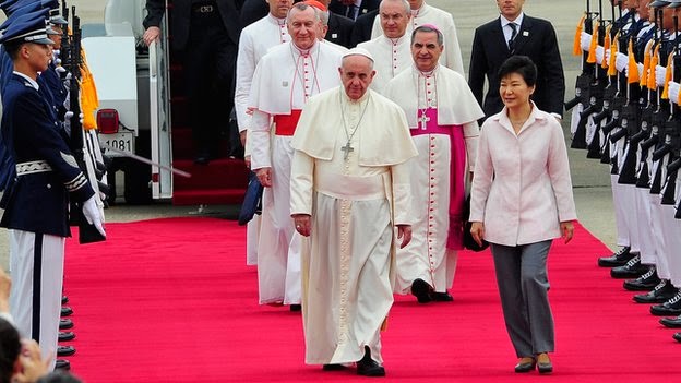 Pope Francis has landed in South Korea, beginning his first visit to Asia since he took over the pa