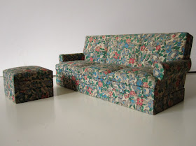 Vintage dolls house miniature three seater sofa and footstool from The Old Tythe Barn at Blackheath
