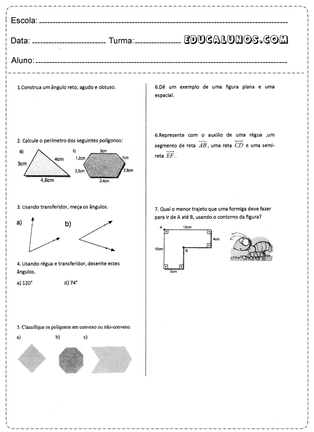 Construa um ângulo reto, agudo e obtuso