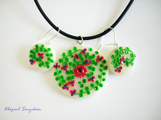 polymer clay pendant, green, red, flowers, white