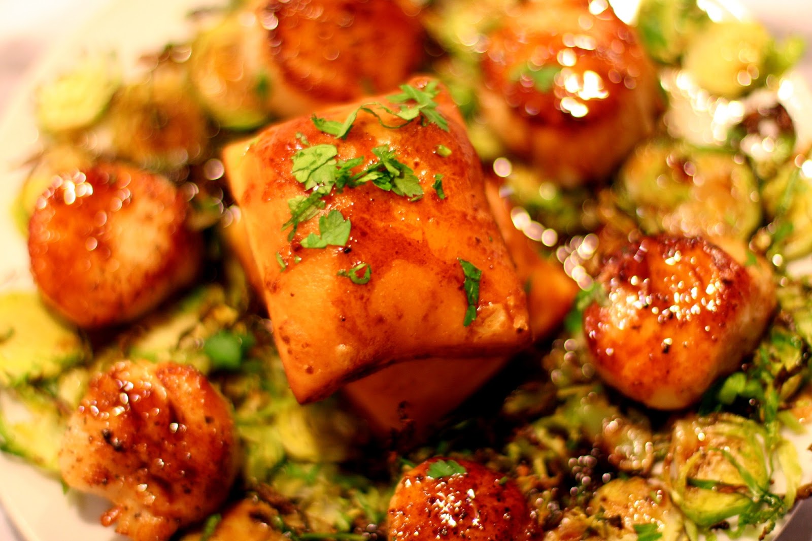 37 Cooks Pan Seared Scallops over a bed of Roasted Sliced Brussels