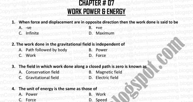 Work Energy And Power Class 11 Mcqs Adamjee Coaching: Physics Karachi Board XI - Work Power and Energy Mcqs