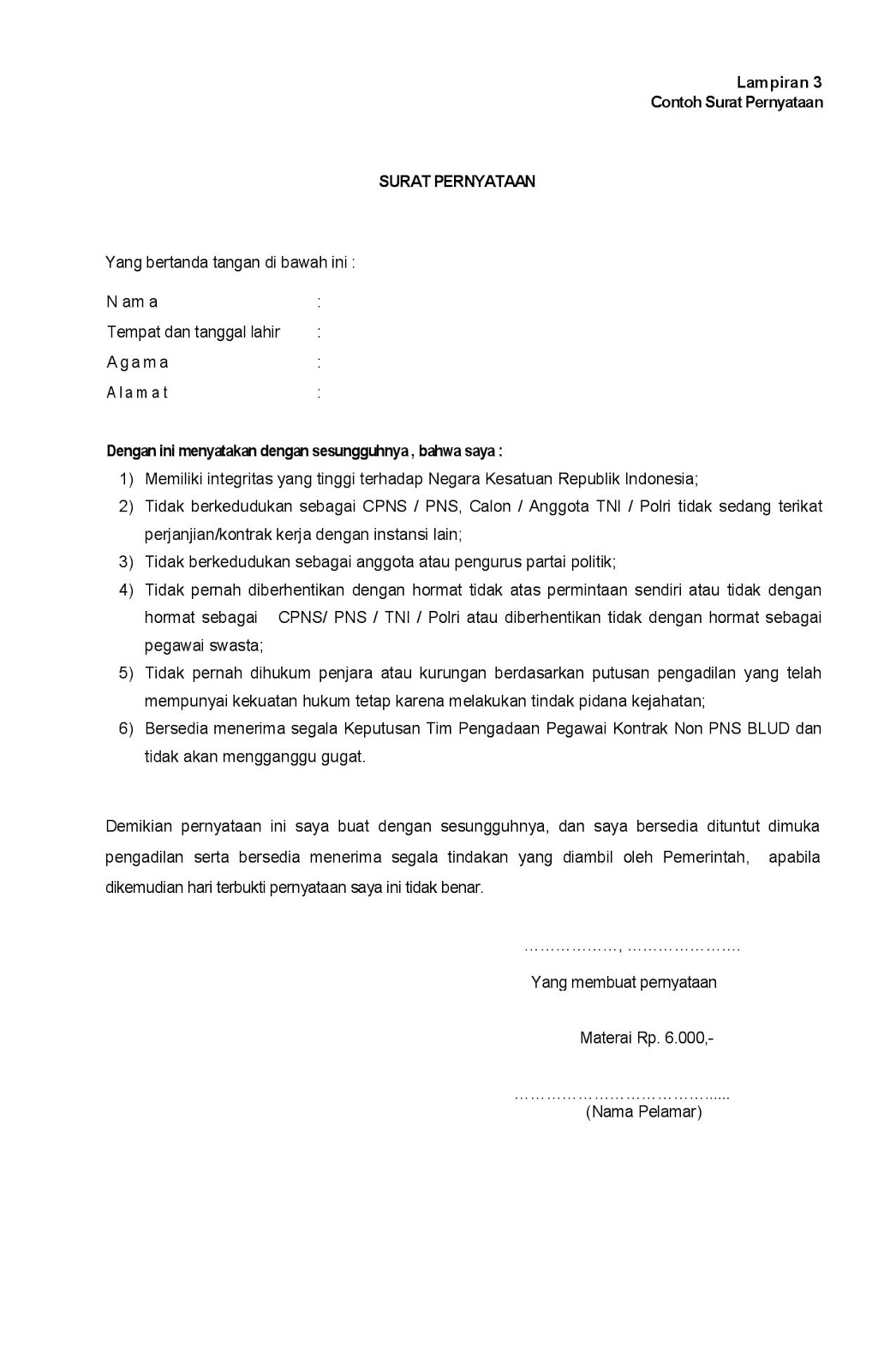 Contoh Surat Pernyataan Guru Non Pns Kontrak Kerja Bertemuco